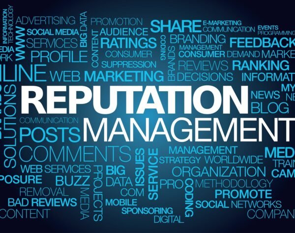 Reputation management web e-reputation fame words tag cloud blue text
