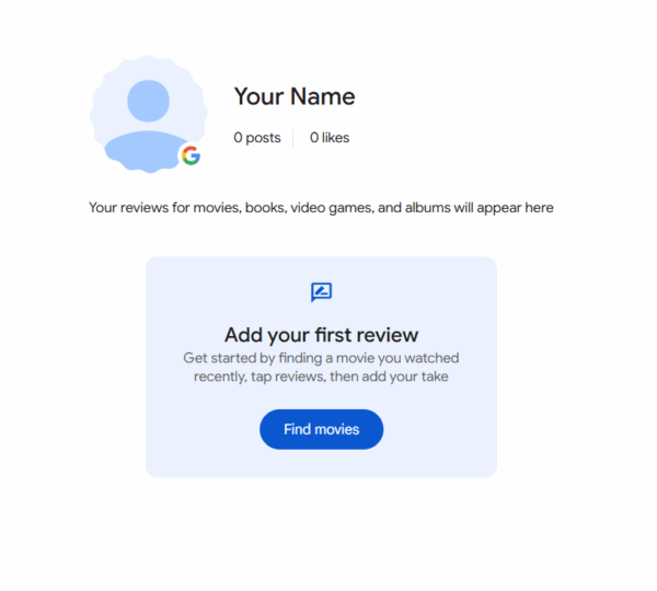 A new Google Search profile page showing profile picture, name, posts and likes counters