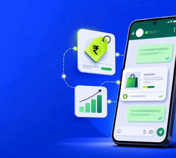 Smartphone showing WhatsApp business chat with order updates, rupee price tag and analytics cards representing WhatsApp Business API pricing in India